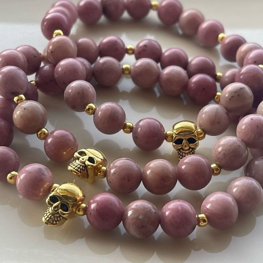 Rhodonite skull gold tone ONE stretch bracelet NEW crystal meditation yoga stone - Picture 3 of 7